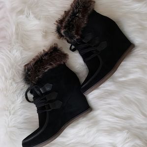 Faux suede faux fur lace up wedge booties